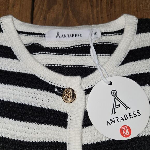 ANRABESS Medium Striped Cardigan Sweater Dressy Casual Classic LS Crew Neck New - Picture 4 of 7